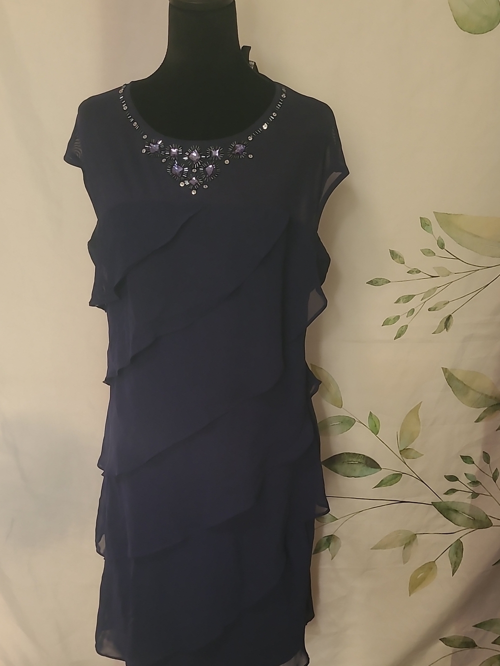 S.L. Fashions Navy Bead-Embellished Layered Chiffon Dress